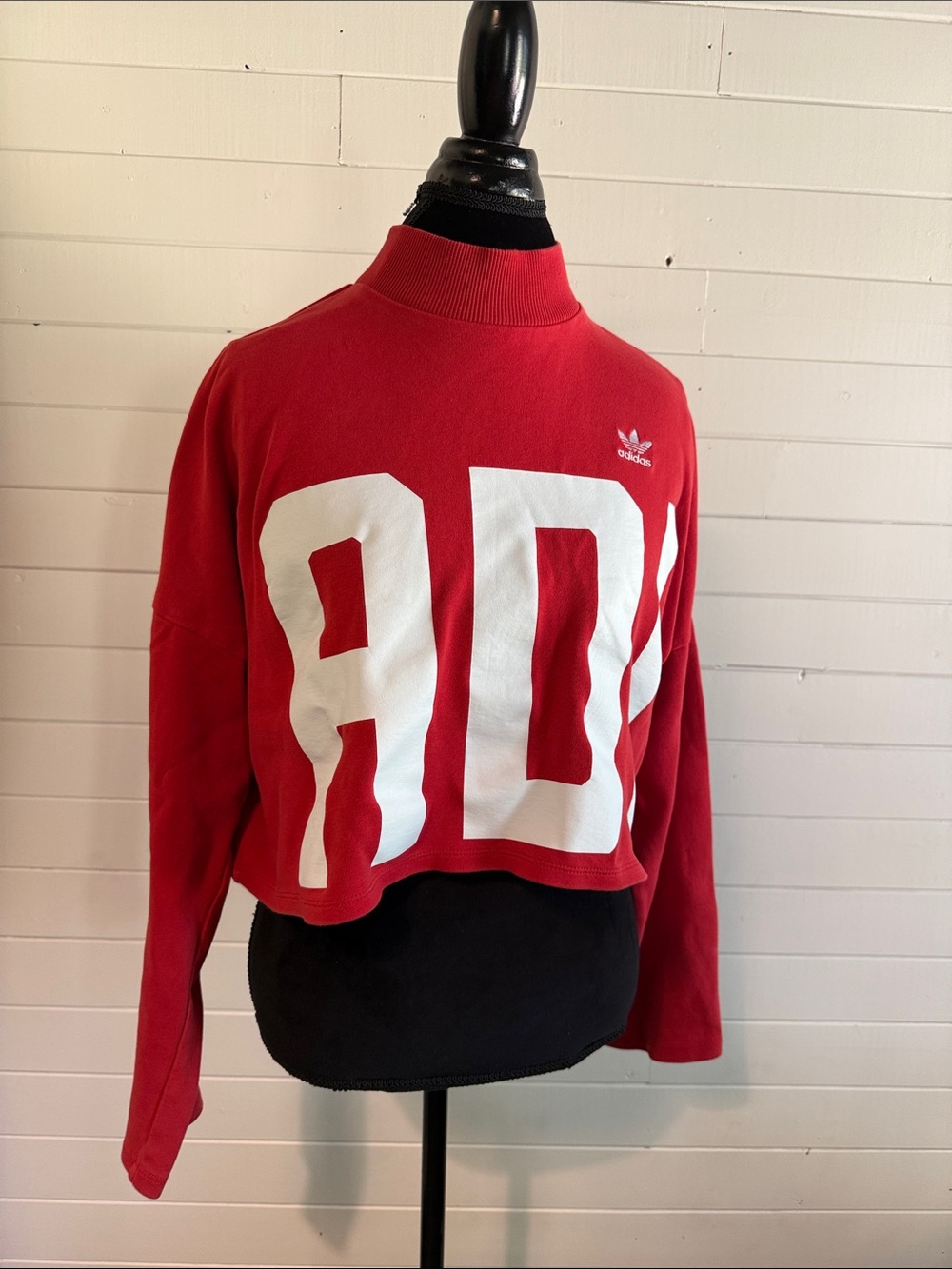 adidas Red Cropped Sweatshirt with Large White Logo Letters